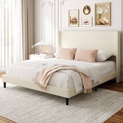Full Bed Frame with Wingback Headboard, Velvet Upholstered Platform Bed with Wooden Slats, 6.46“ Under Bed Storage, Metal Support, Noise Free, No Box 