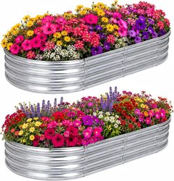 2 pack Galvanized Raised Garden Bed for Outdoor Use, Durable Metal Container Kit 4 x 2x 1 ft, Oval Planter for Gardening, Flower Trough Kit for Vegeta