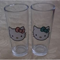 Hello Kitty (2) Pink and Green bow glasses 10 oz 6 x 2