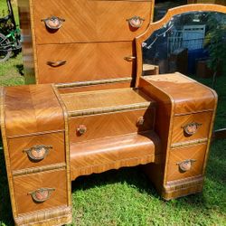 Antique Waterfall Vanity With Mirror & Dresser