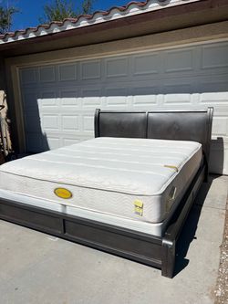 Modern Industrial King Sleigh Bed W/ Mattress Set!