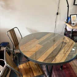 42” Round Wood Table With Glass Top