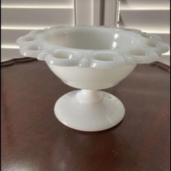 Anchor Hocking Old Colony Open Lace White Milk Glass Footed Candy Dish Vintage 5”