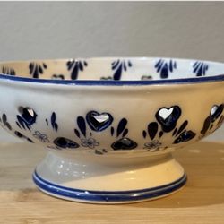 Vintage Art Pottery Small Basket/Bowl Handpainted Blue and White Windmill - 5”