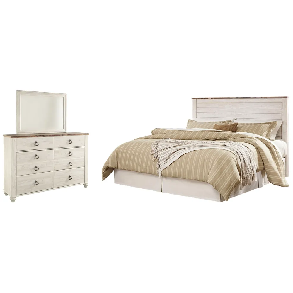 Willowton King/California King Panel Headboard Bed with Mirrored Dresser Superior Quality