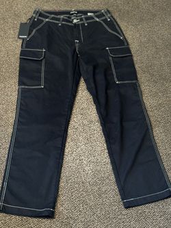 True Religion Black Cargo Pants with Bold White Stitching – Clean, Stylish, and Built to Stand Out