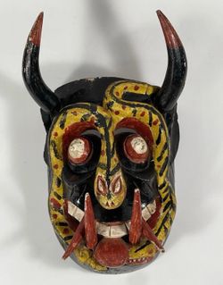 Vintage Mexican Folk Art Diablo(Devil) Mask Hand Carved Wood Snakes Horns Fangs