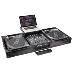 B-Stock: Odyssey FZGSLBM12WRBL Black Low Profile 12″ Format DJ Mixer and Two Battle Position Turntables Flight Coffin Case with Wheels and Glide Platf