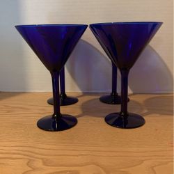 Set of 3 Vintage Cobalt Blue Martini Margarita Glasses Barware 7” Tall  A29
