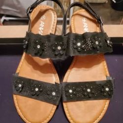 ANNA Leather & Rhinestone Black Sandles (size 9)