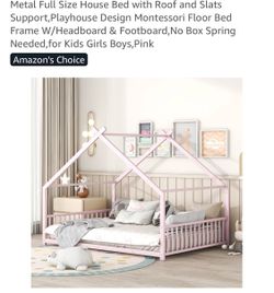 Metal Full Size House Bed with Roof and Slats Support,Playhouse Design Montessori Floor Bed Frame
