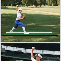 Baseball Softball Pitching Mat 3✕10FT Green 12mm Denser Antifade Turf 5mm EVA Foam Antislip Bottom Roll-Up Design with Strap Portable Practice Mat