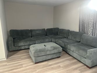 Gray Corduroy Sectional Sofa with Ottoman