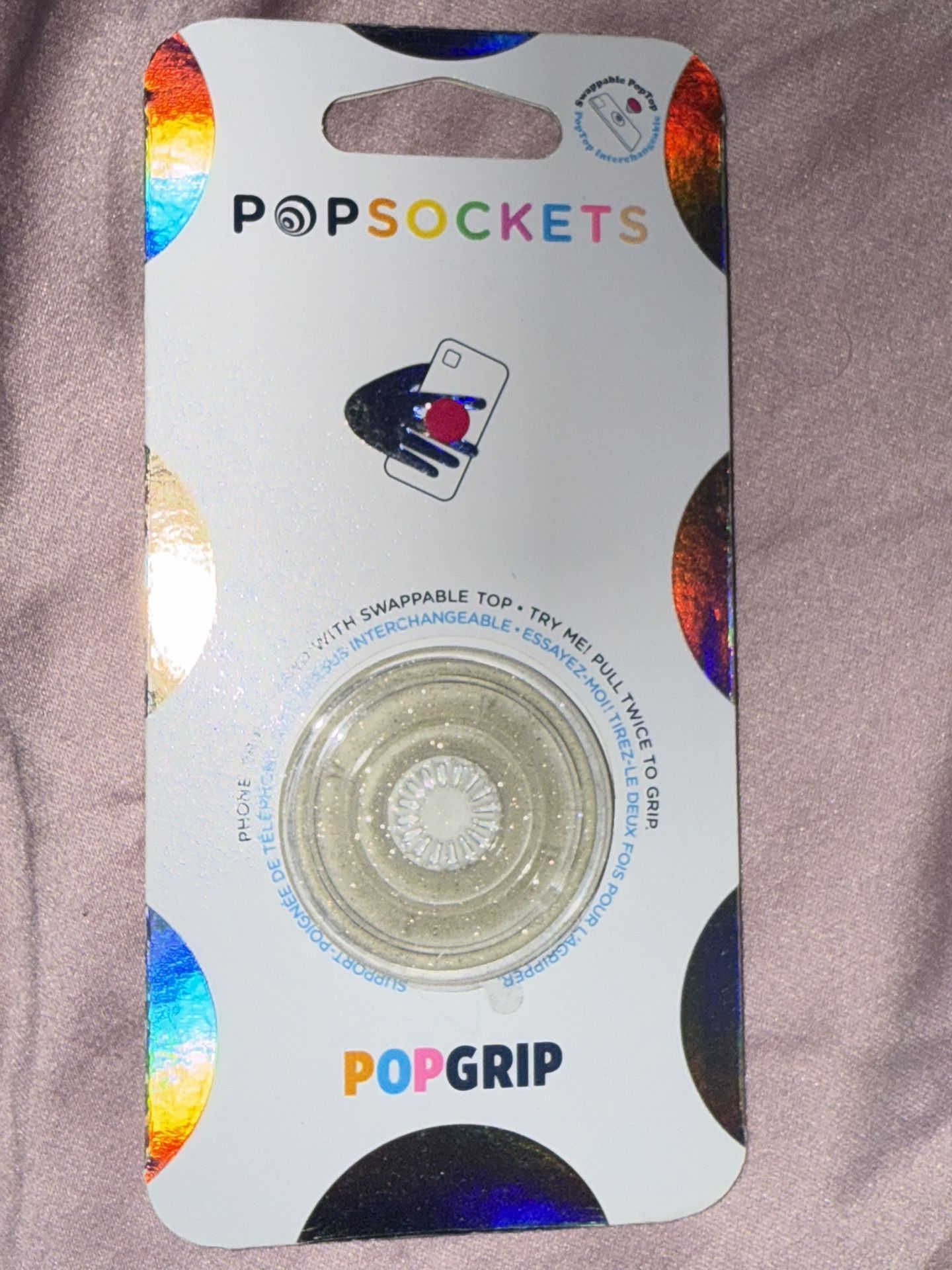 PopSockets PopGrip with Swappable Top for Phones Grip/Stand Clear Silver Glitter