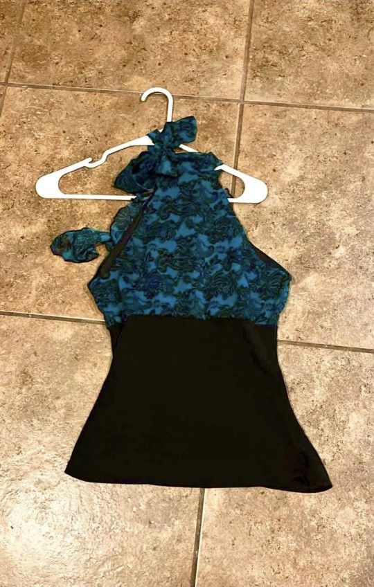 Vintage Y2k Medium Teal Black Floral Halter Top