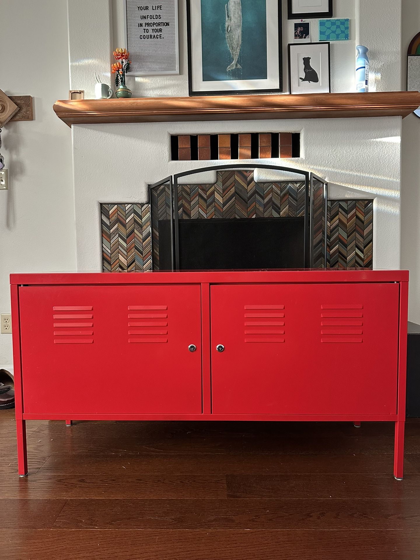 Red Metal Cabinet with shelf