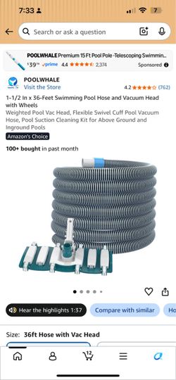 POOLWHALE 36ft Pool Vacuum Hose and Vac Head Kit