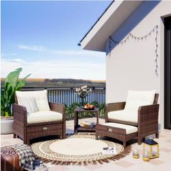 5-Piece Wicker Patio Furniture Set Outdoor Patio Chairs with Ottomans Beige