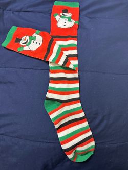 Festive Holiday Snowman Striped Knee-High Crew Socks – Red, Green & White