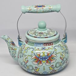 Tea Kettle 2.5 Quart Floral Enamel, Vintage 