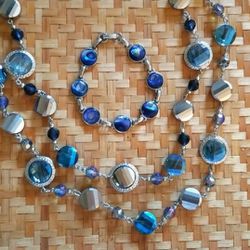 Silver and Blue Beaded Statement Necklace and Bracelet Set 