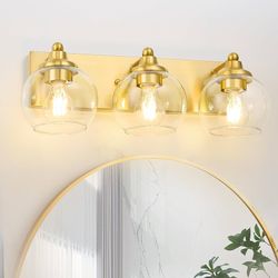 Brushed Gold Vanity Light Over Mirror With Clear Globe Glass, Bathroom Light Fixtures 