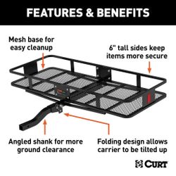 CURT 60" X 24" BLACK STEEL BASKET CARGO CARRIER FOLDING 2" SHANK 500 LBS CAPACITY