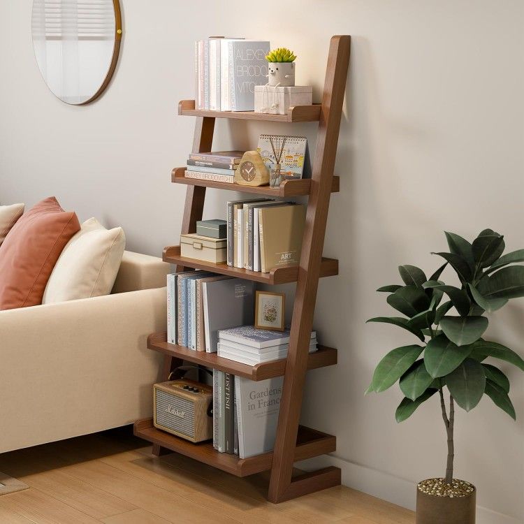 Wooden Ladder Shelf, Ladder Shelf Bookcase, 5 Tier Ladder Shelf with Stable Structure, Leaning Shelf for Living Room, Bedroom, Home Office, 55.1" H (W