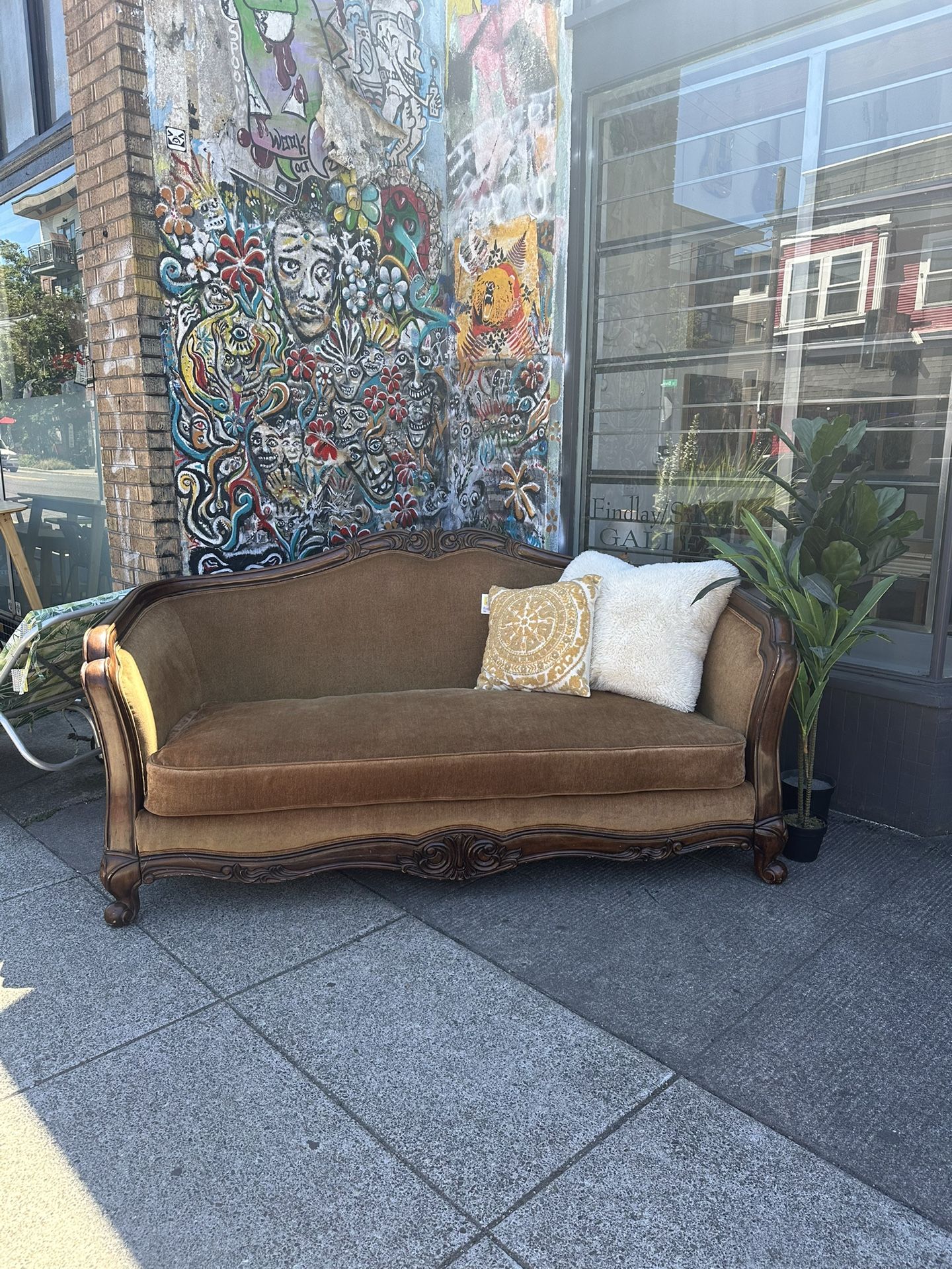Vintage Golden Yellow Brown Ornate Wood Frame Couch