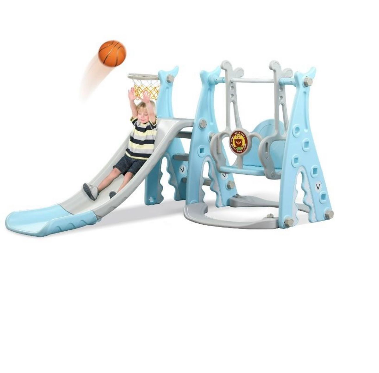 Ealing 4 in 1 Toddler Swing and Slide Sets for Age 1-3 Swing Playset with Climber,Basketball Hoop ,Blue V059