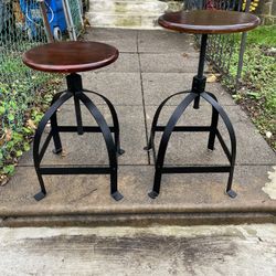 Vintage Industrial Spin Adjust Stools Metal Wood