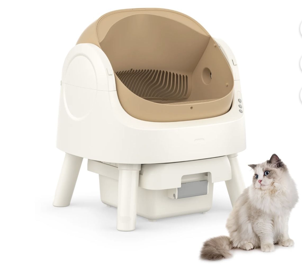 PetPivot Large Open-Top Automatic Cat Litter Box Self Cleaning with Safety Protection, Mat and Trash Bags Included, Brown