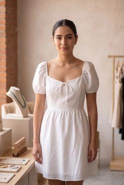 White Short Puff Sleeve Dress with Tie Detail