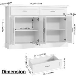 🥨FACBOTALL Sideboard Buffet Cabinet with Storage, 55.1" Large Kitchen Storage Cabinet with 2 Drawers and 4 Doors, Farmhouse Coffee Bar for Kitchen Di