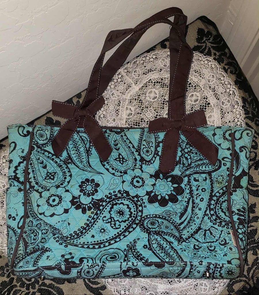 BELVAH QUILTED BOW BROWN TEAL TURQUOISE BLUE FLOWER PAISLEY SATCHEL DUFFEL DIAPER BAG TOTE PURSE