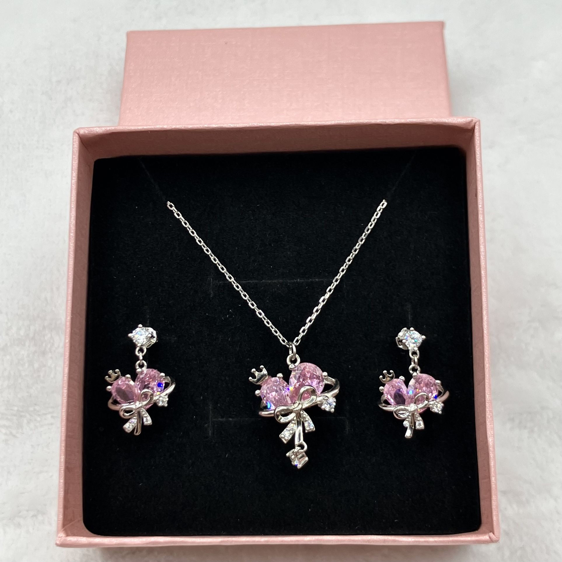 Sterling Silver S925 Necklace Pink Star Bow Heart Earrings Set