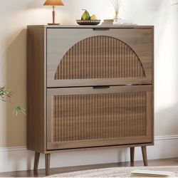 BORNOON Shoe Cabinet for Entryway with 2 Flip Drawers, Slim Wooden Shoe Storage Organizer with Modern Fluted Pannel,Freestanding Narrow Hidden Shoe Ra
