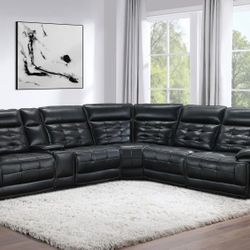 **SALE** Power Reclining Sectional 100% Top Grain Black Leather! Best Prices! 