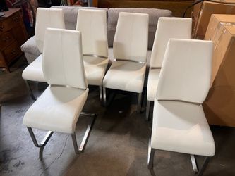 Set of 6 dining room chairs - white leather with silver