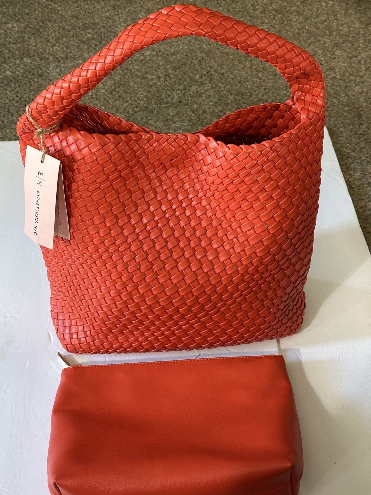 E/N Expressions Orange Vegan Woven Tote 13X16X6 & Cosmetic 11X8X3 New With Tags