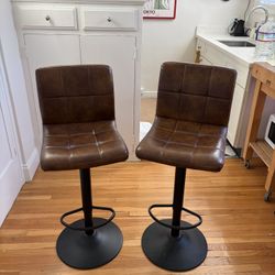 Modern Adjustable Bar Stools (Set of 2) – Brown Faux Leather, Excellent Condition
