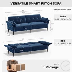 89” Futon Sofa Bed, Velvet Fabric Comfy Futon Couch Bed with 2 Square Pillows, Convertible Sleeper Sofa with Adjustable Backrest& Armrests,