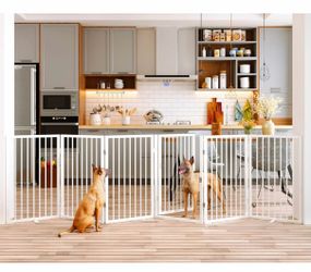 Vantas Folding No-Assembly Metal Pet Gate 120" Wide, 32" Extra Tall Dog Gate with Door Walk Through, Freestanding Accordion Puppy Gate Dog Door for In