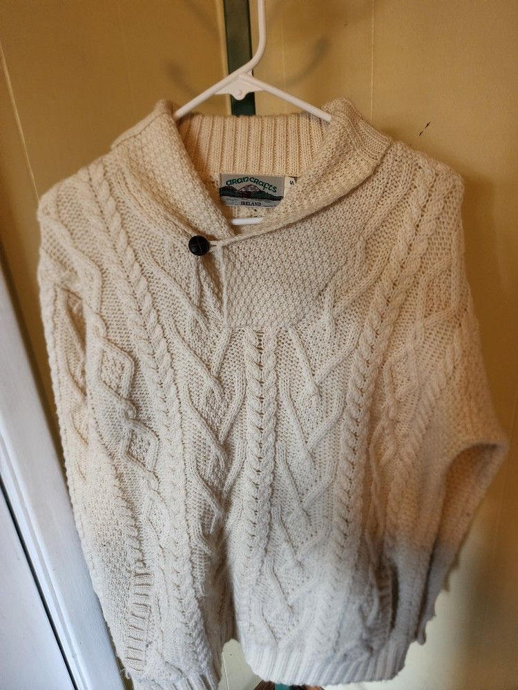 Aran Crafts Irish Wool Cable Knit Sweater w/ Shawl Collar