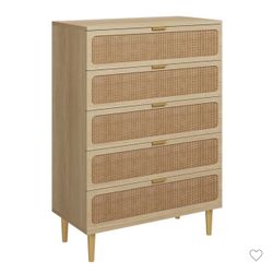 Rattan 5 Drawer Dresser for Bedroom, Chest of Drawers with Deep Drawers, Large Double Dresser for Closet with Wide Top, Tall Wooden Dresser * * * * • 