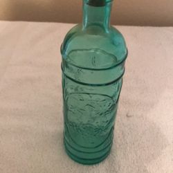 Vintage COLLECTIBLE Pale Green Glass Bottle w/ Decorative Embossed Grape Pattern