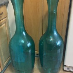 Pair Of Large Turquoise Floor Vases - Recycled Glass 