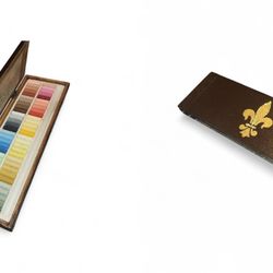 Vintage Teranishi Guitar Oil Pastel Set in Custom Handmade Fleur-de-Lis Wood Box