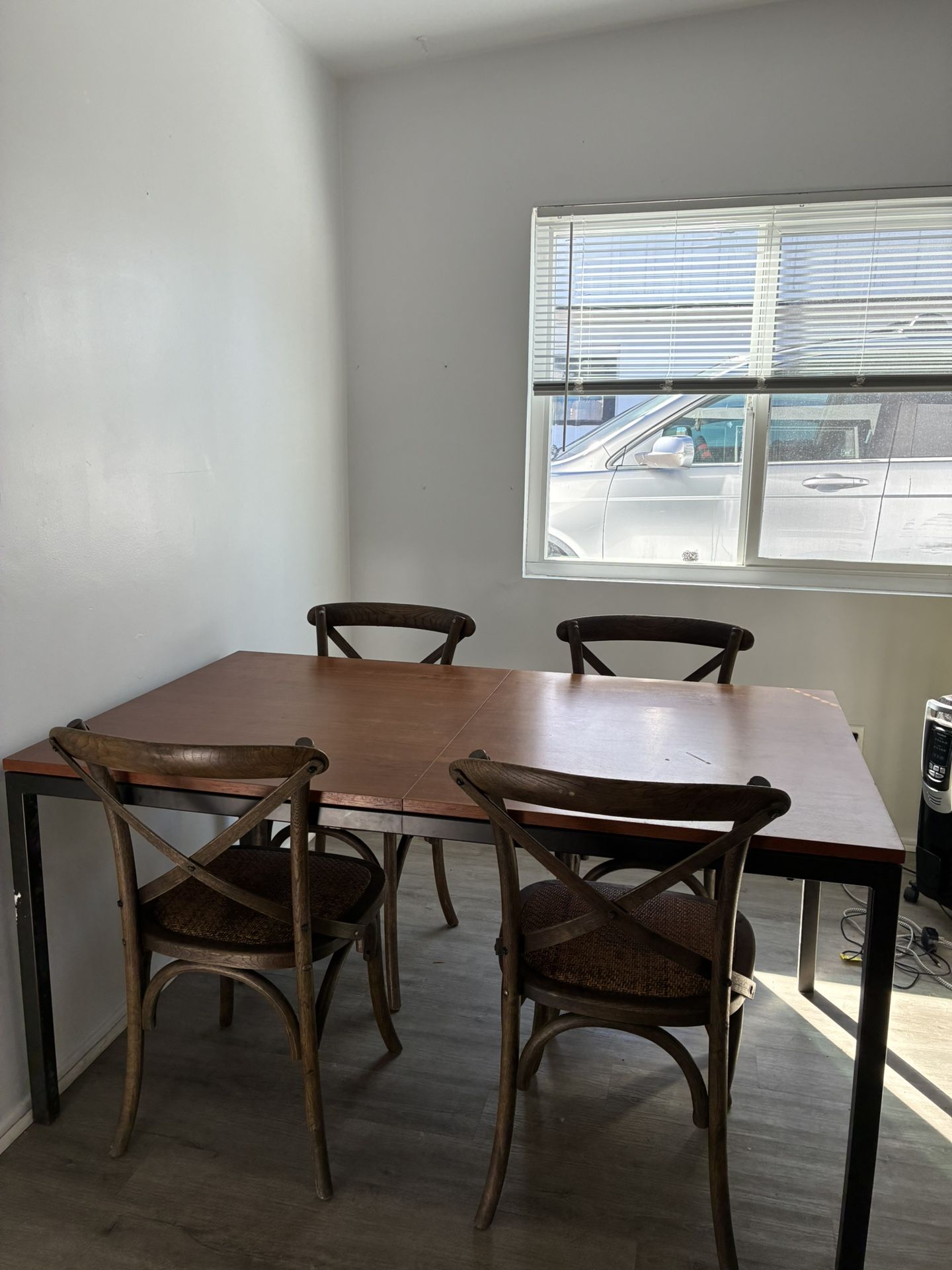Rustic Wood Dining Table + 4 Cross-Back Rattan Chairs
