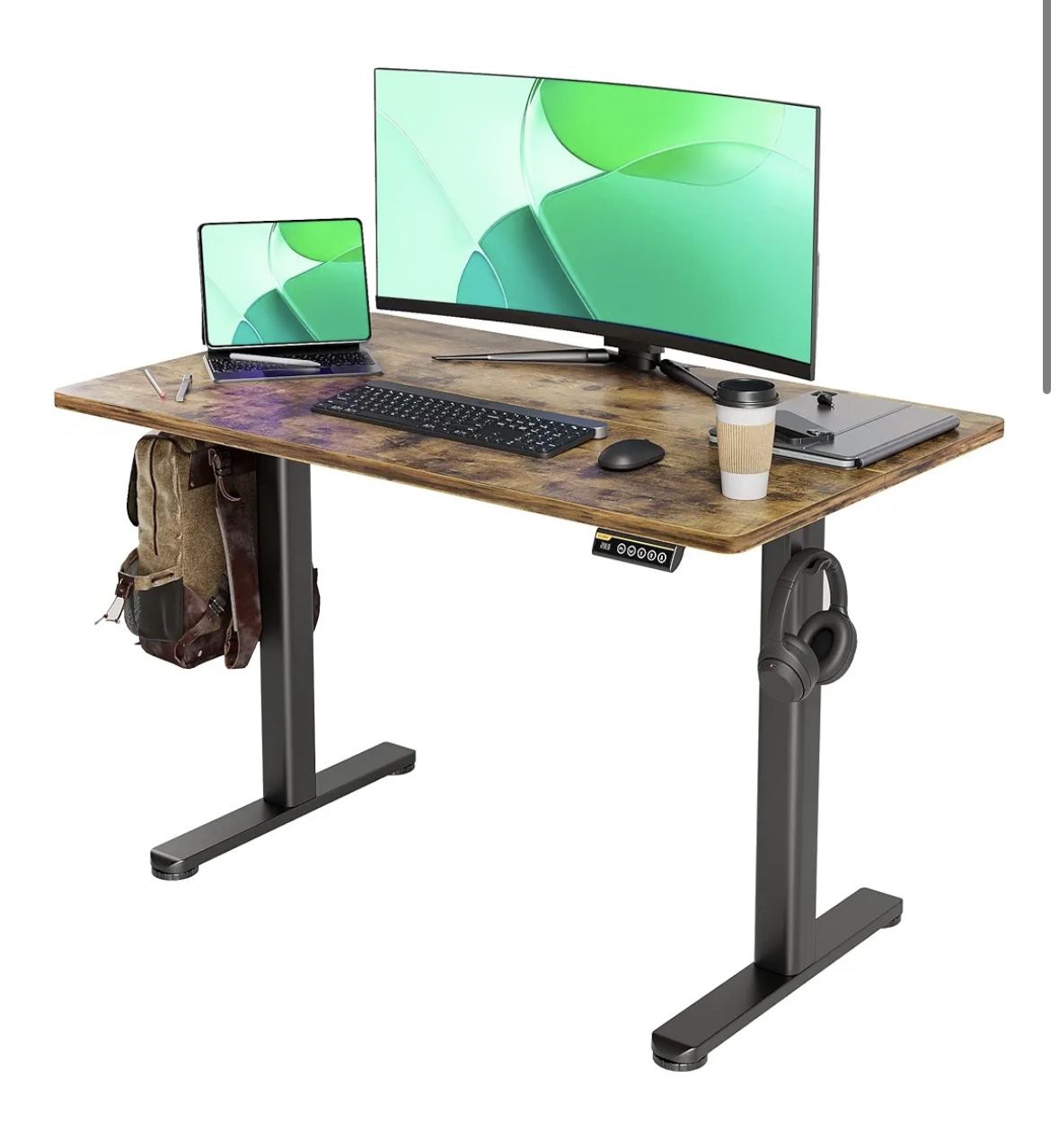 Electric Standing Desk, Adjustable Height Stand up Desk, 24x48 Inches Sit Stand Home Office Desk with Splice Board, Black Frame/Rustic Brown Top 